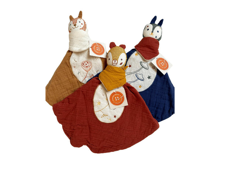 Doudou pingouin en gaze de coton - Bleu celadon