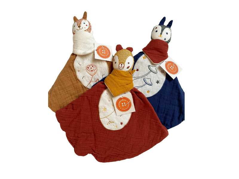 Doudou pingouin en gaze de coton - Bleu celadon