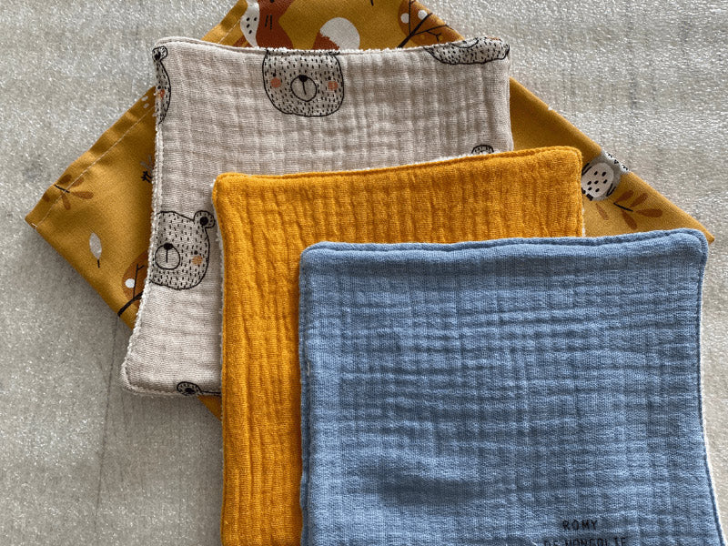 Lingettes en gaze de coton et éponge bambou avec pochon - Par lot de 3