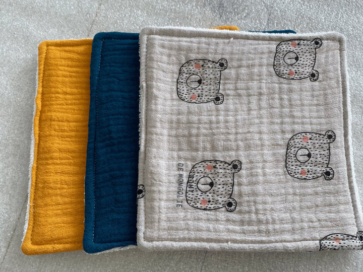 Lingettes en gaze de coton et éponge bambou avec pochon - Par lot de 3