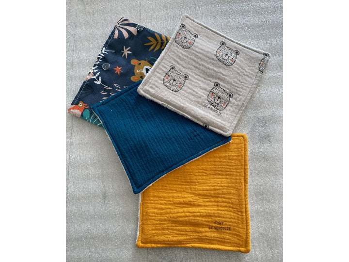 Lingettes en gaze de coton et éponge bambou avec pochon - Par lot de 3