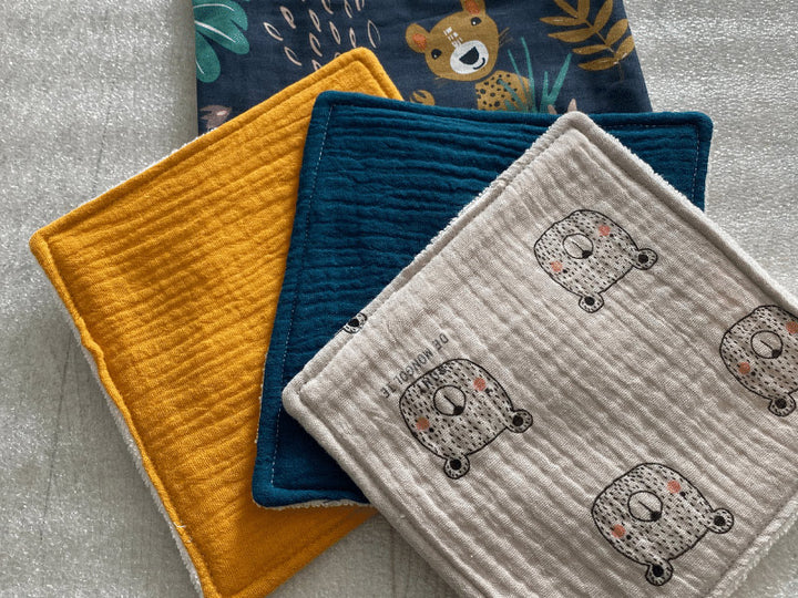 Lingettes en gaze de coton et éponge bambou avec pochon - Par lot de 3