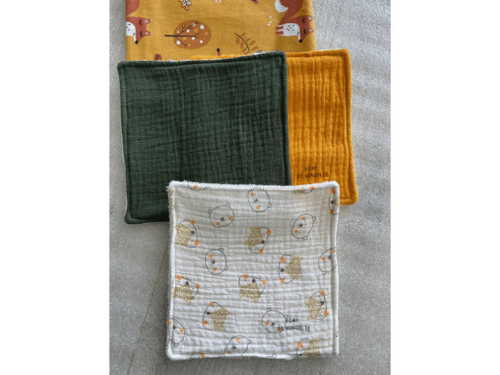 Lingettes en gaze de coton et éponge bambou avec pochon - Par lot de 3