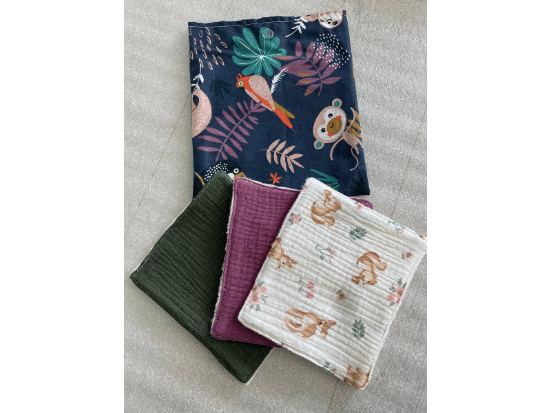 Lingettes en gaze de coton et éponge bambou avec pochon - Par lot de 3