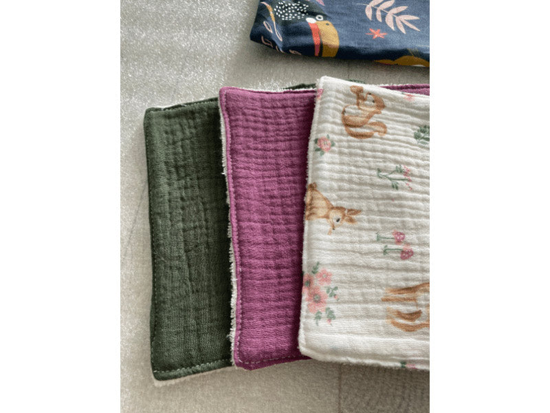 Lingettes en gaze de coton et éponge bambou avec pochon - Par lot de 3
