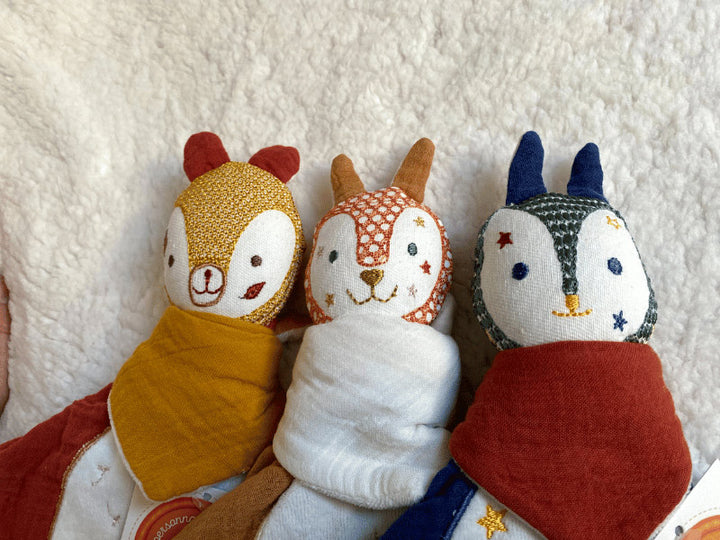 Doudou pingouin en gaze de coton - Bleu celadon
