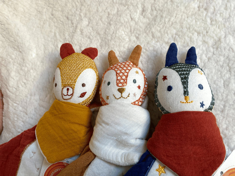 Doudou pingouin en gaze de coton - Bleu celadon