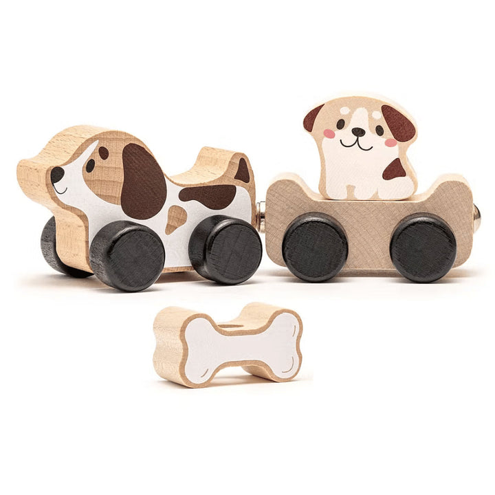 Chien en bois sur roulettes – jouet d’éveil naturel