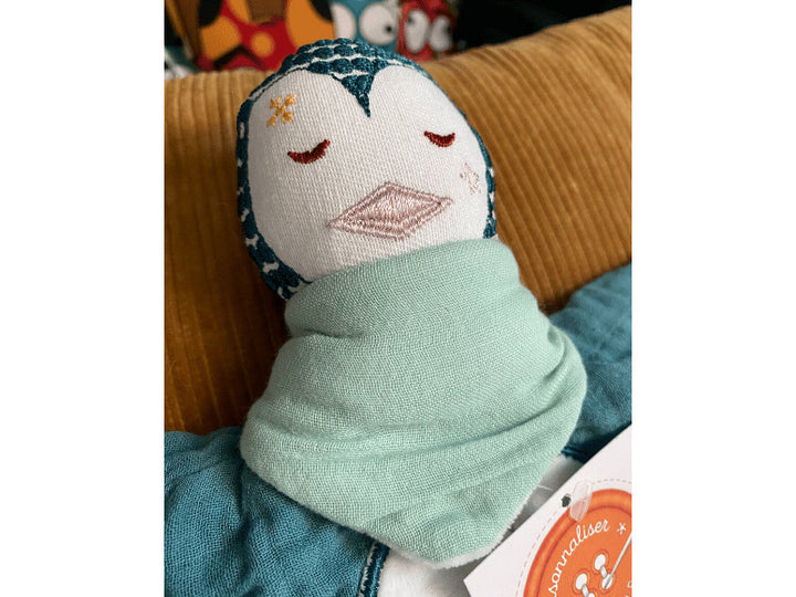 Doudou pingouin en gaze de coton - Bleu celadon