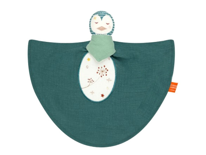 Doudou pingouin en gaze de coton - Bleu celadon