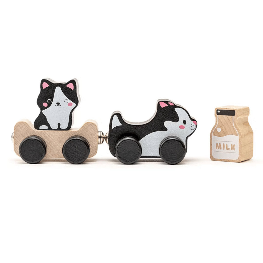Chat en bois sur roulettes – jouet d’éveil naturel