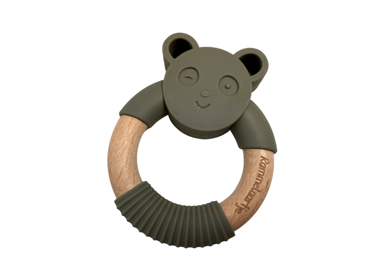 Anneau de dentition ours en silicone et bois - Kaki