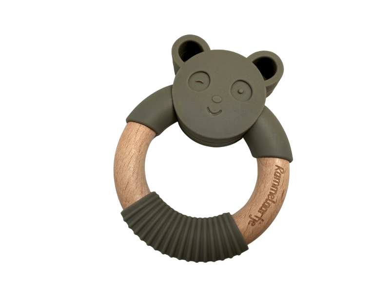 Anneau de dentition ours en silicone et bois - Kaki