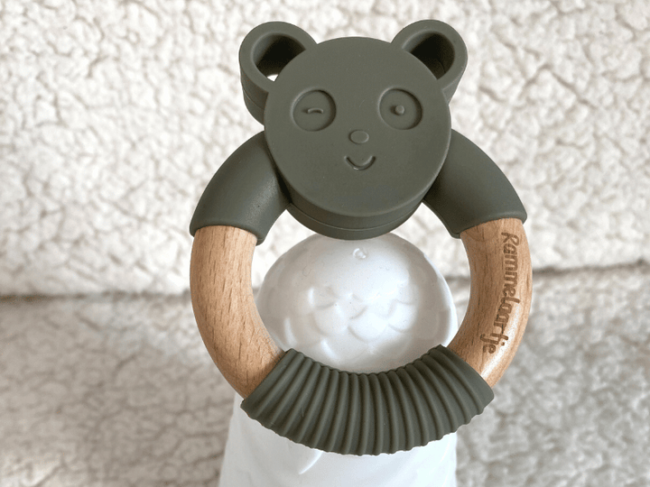 Anneau de dentition ours en silicone et bois - Kaki