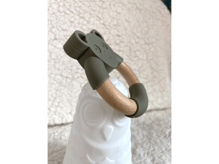 Anneau de dentition ours en silicone et bois - Kaki