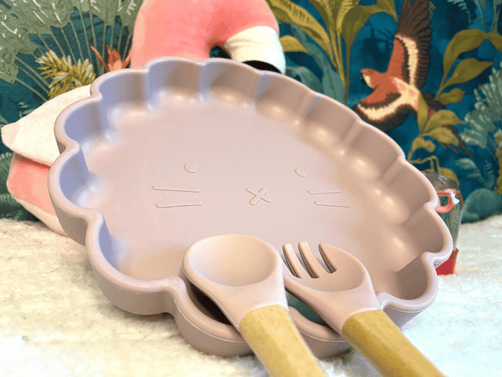 Ensemble assiette chat et couverts en silicone - Rose
