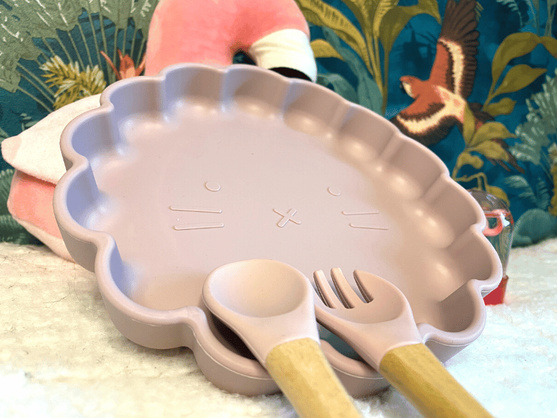 Ensemble assiette chat et couverts en silicone - Rose