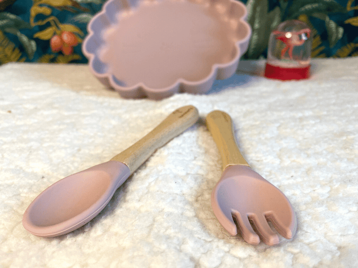 Ensemble assiette chat et couverts en silicone - Rose