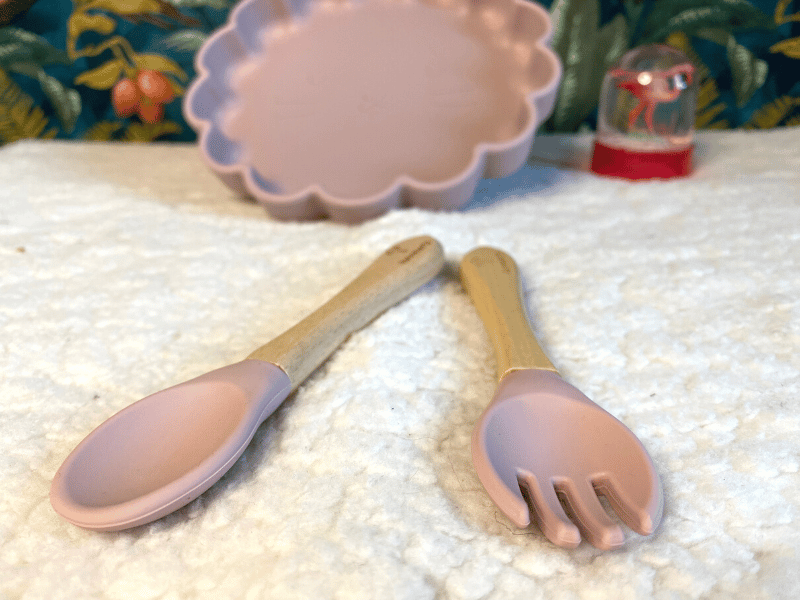 Ensemble assiette chat et couverts en silicone - Rose