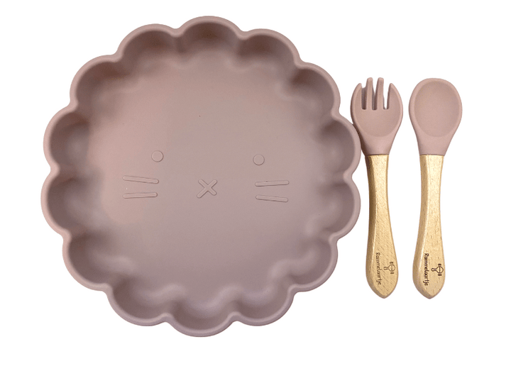 Ensemble assiette chat et couverts en silicone - Rose