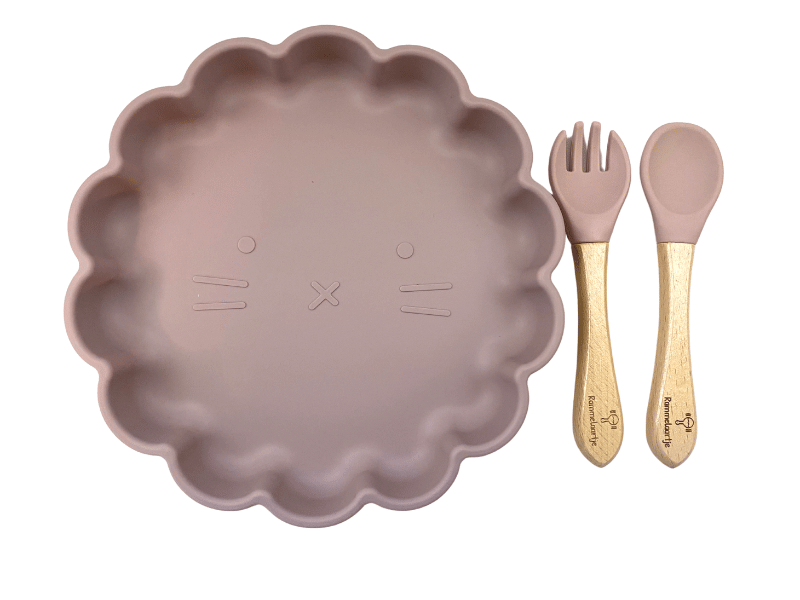 Ensemble assiette chat et couverts en silicone - Rose