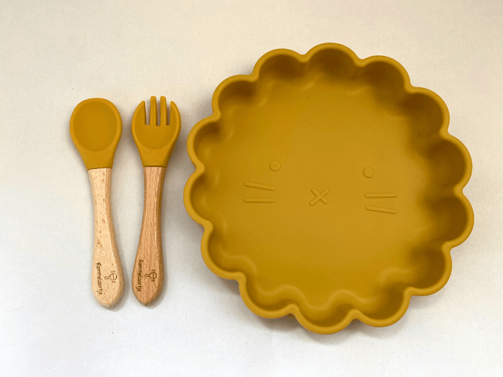 Ensemble assiette chat et couverts en silicone - Jaune