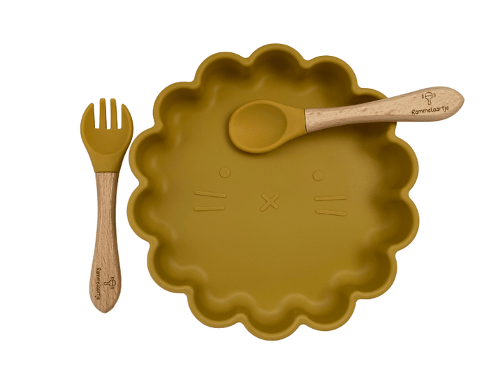 Ensemble assiette chat et couverts en silicone - Jaune