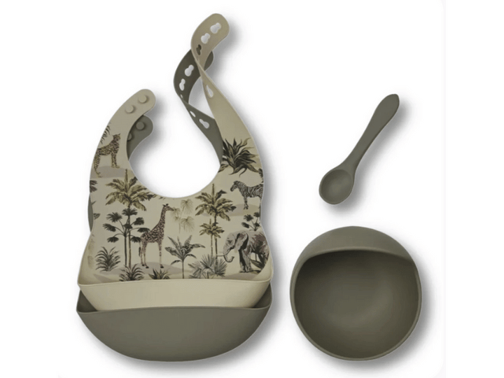 Coffret repas silicone jungle (bol, cuillère et 2 bavoirs) - Kaki