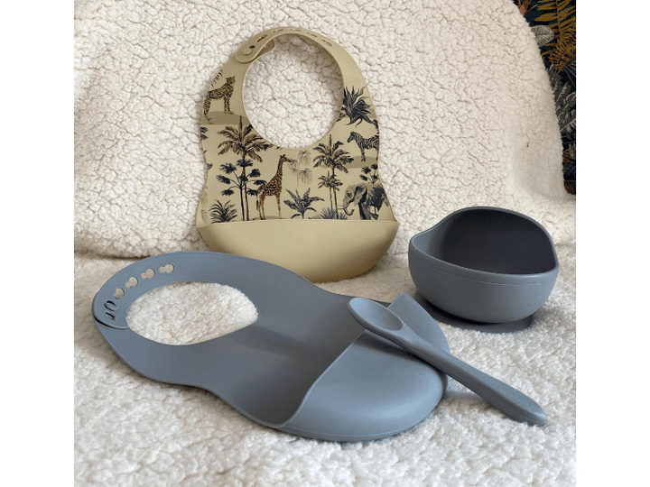 Coffret repas silicone jungle (bol, cuillère et 2 bavoirs) - Kaki