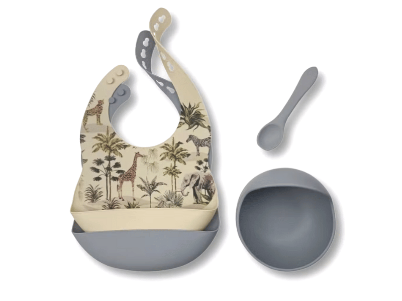Coffret repas silicone jungle (bol, cuillère et 2 bavoirs) - Gris